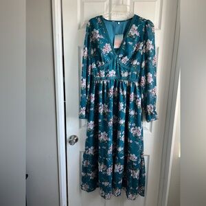 Floral Teal Long Sleeve Dress
